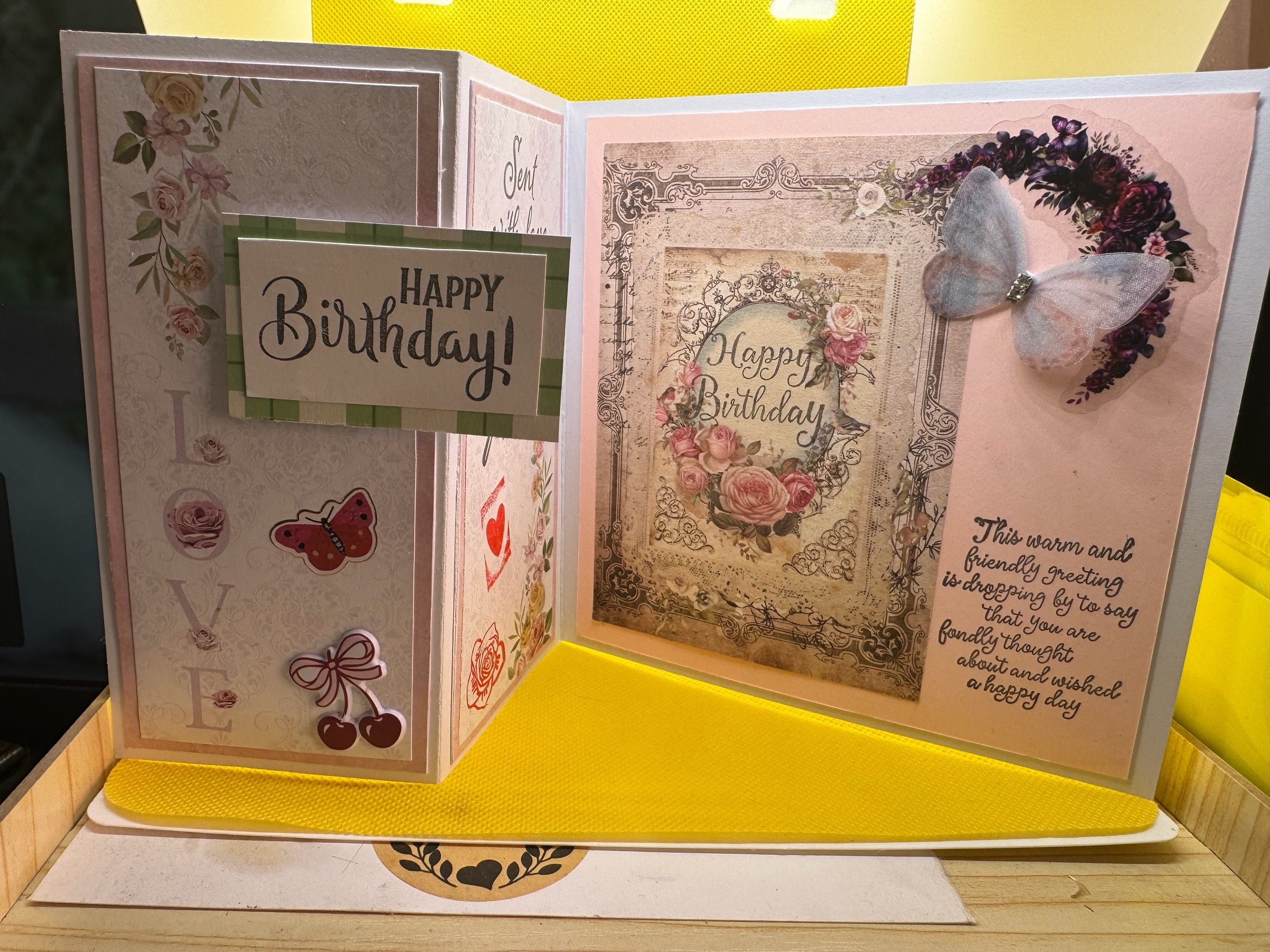 Hearth and Handmade vintage style birthday card with floral motifs, butterfly accents, and elegant typography.