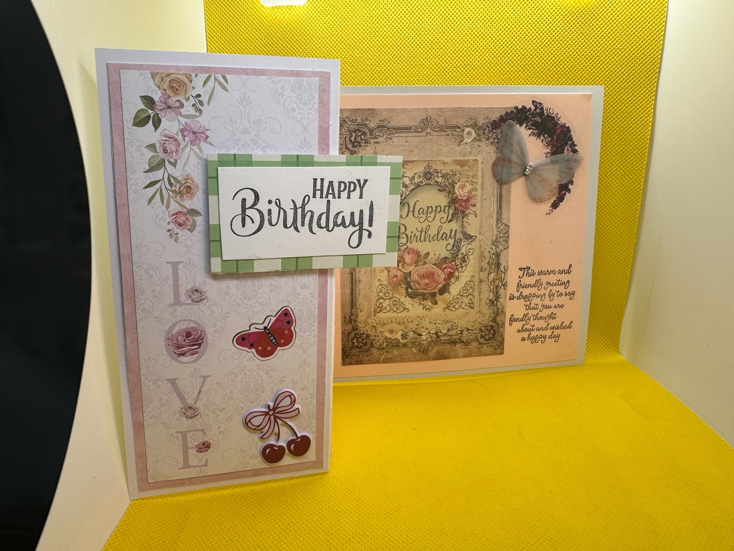 Hearth and Handmade floral birthday greeting cards with vintage aesthetic, butterfly accents, and cherry illustrations.